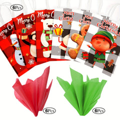 6pc Christmas Gift Bag Set with 12pcs Large Wrapping Papers in Red & Green