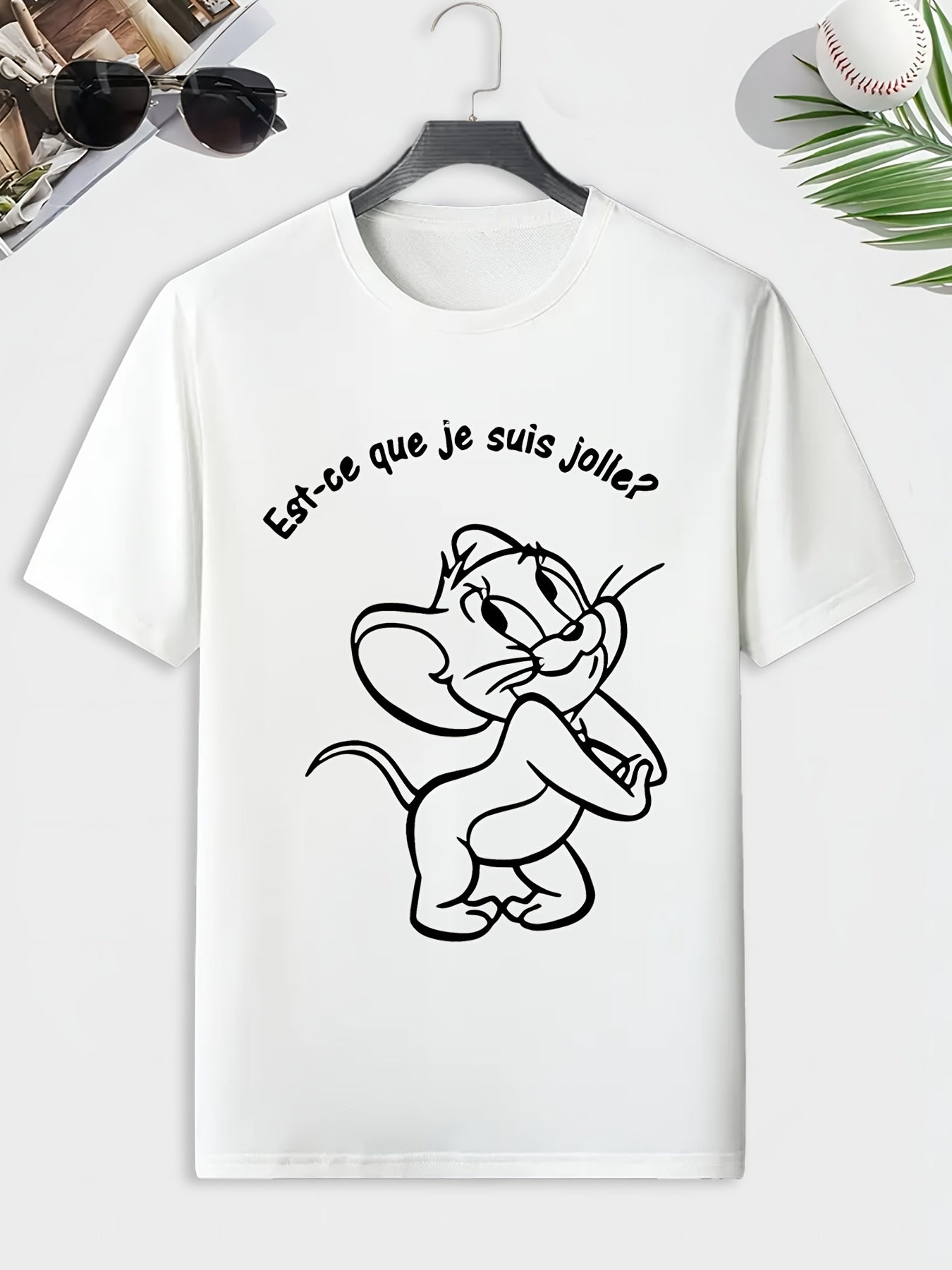 Men's Mouse Sketch Print T shirt Active Comfy Slightly Stretch Crew Neck Tee