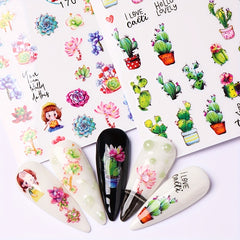 Green Succulent Plants 3D Nail Sticker Cactus Mushroom Summer Decals