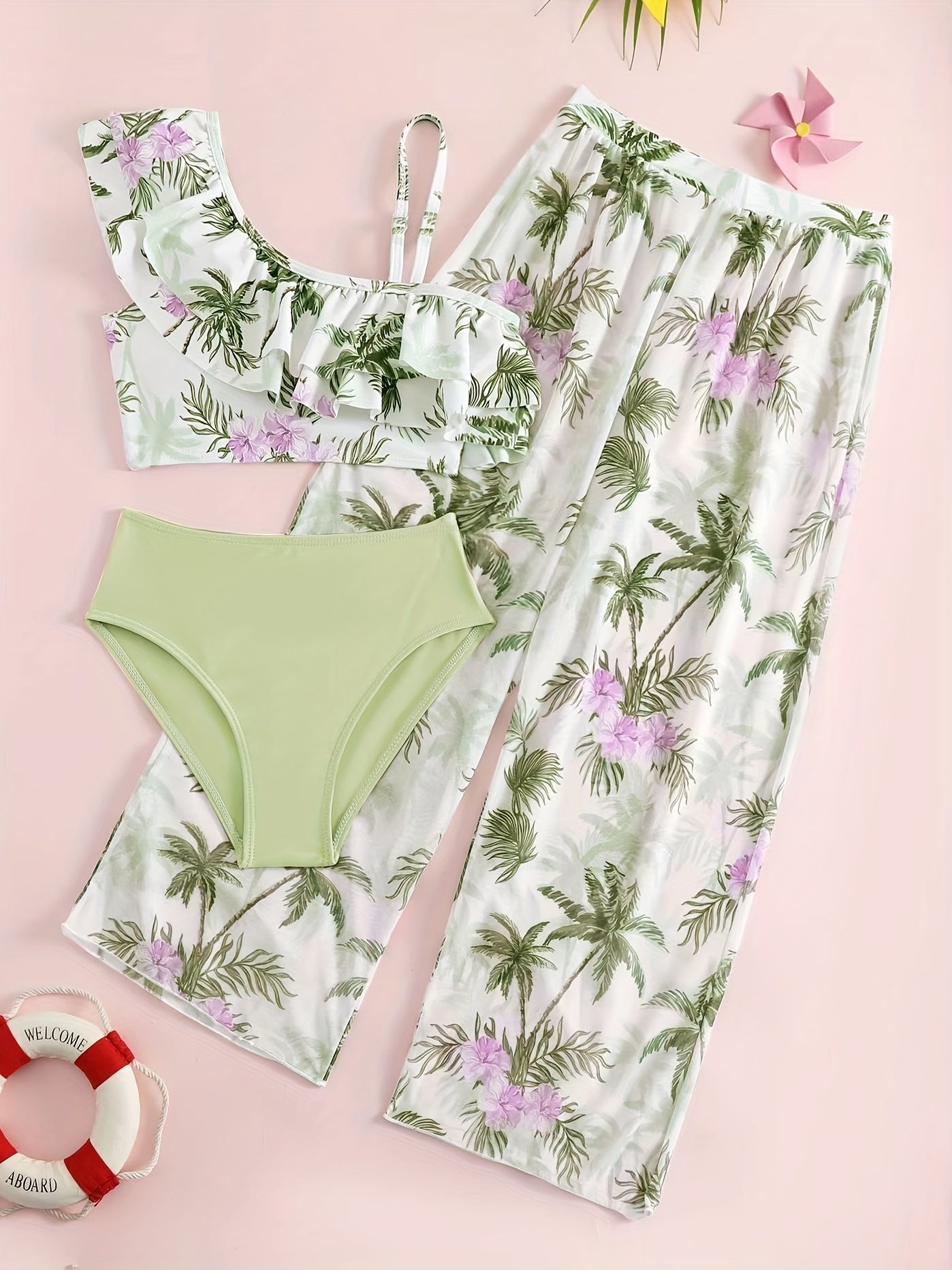 Girl's Bikini Swimsuit 3pcs Ruffle Decor Camisole & Briefs & Pants Set