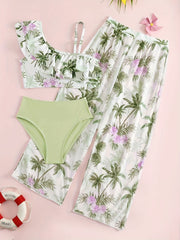 Girl's Bikini Swimsuit 3pcs Ruffle Decor Camisole & Briefs & Pants Set