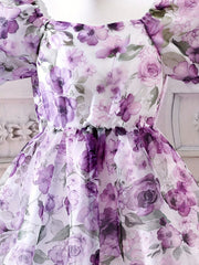 Purple Floral Puff Sleeve Princess Dress for Girls