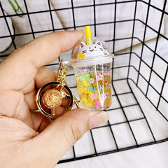 Quicksand Sakura Cat Milk Tea Cup Acrylic Keychain