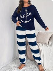 Letter & Anchor Print Tee Striped Joggers Pajamas Set