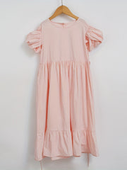 Girl's Summer Cotton Dress Crew Neck Puff Sleeves Bowtie Princess Dress