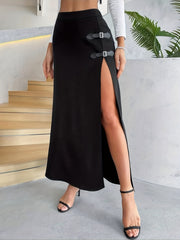 Solid High Waist Split Skirt Sexy Buckle