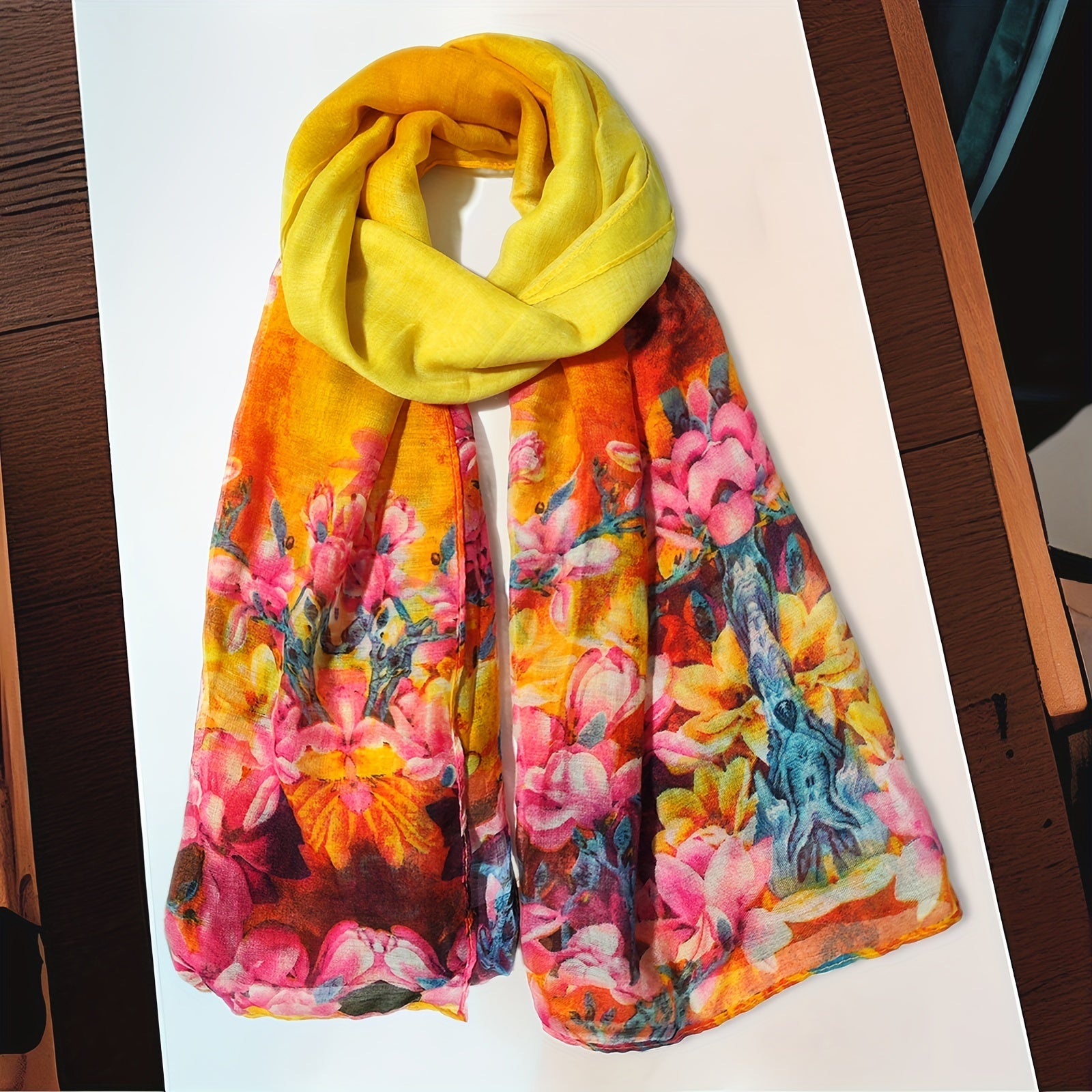 Vintage Yellow Flower Print Scarf Gradient Warm Shawl Women Windproof