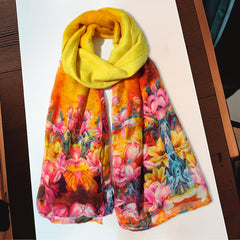 Vintage Yellow Flower Print Scarf Gradient Warm Shawl Women Windproof