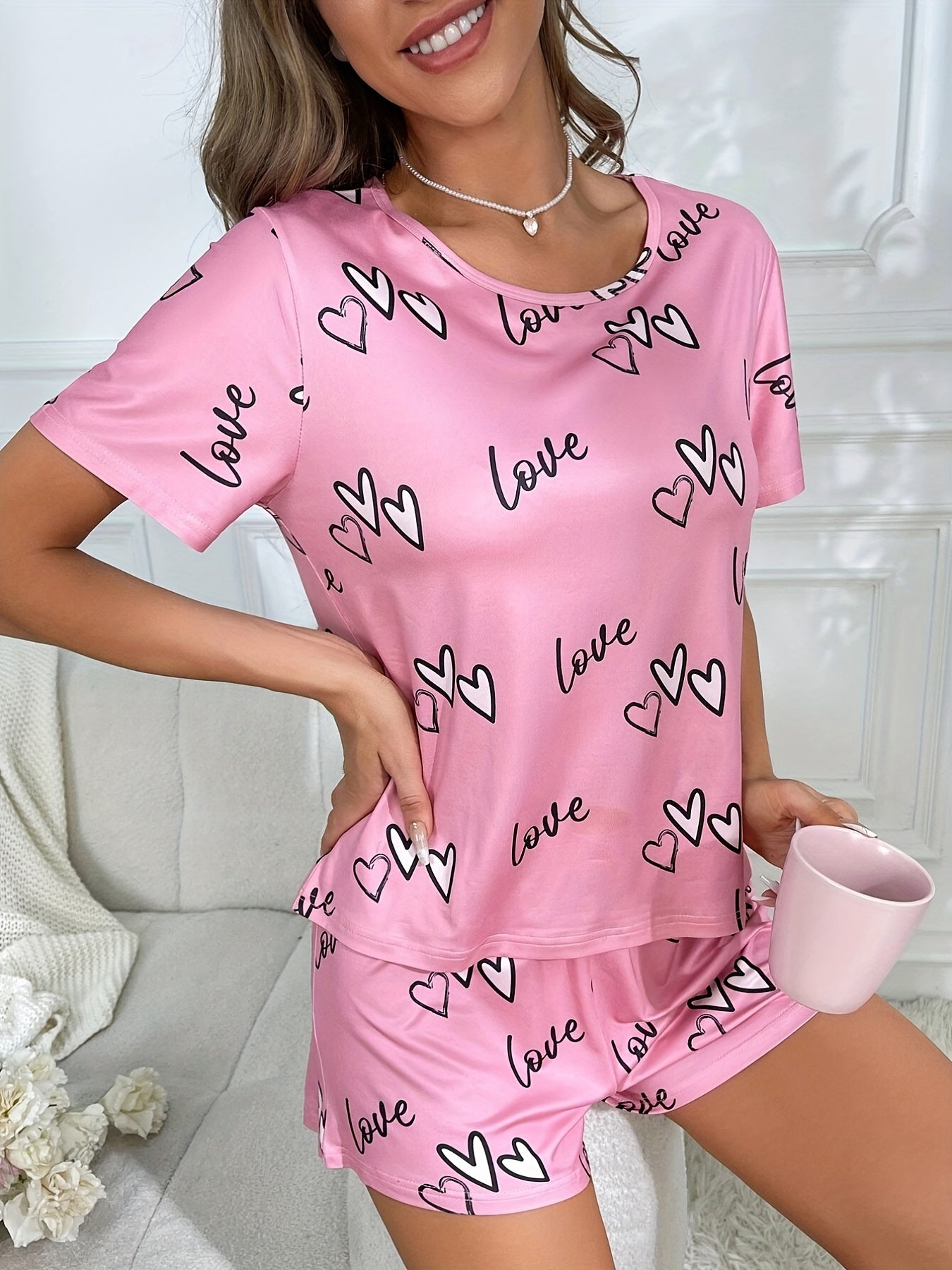 Heart Print Lounge Set Crew Neck Short Sleeve Top & Elastic Waistband Shorts