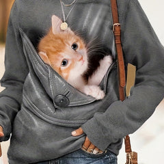 Cat Print Pullover Sweatshirt Casual Long Sleeve Crew Neck Sweatshirt