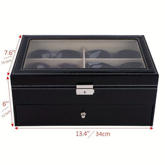12 Slots Sunglasses Organizer Eyewear Display Case with Glass Lid