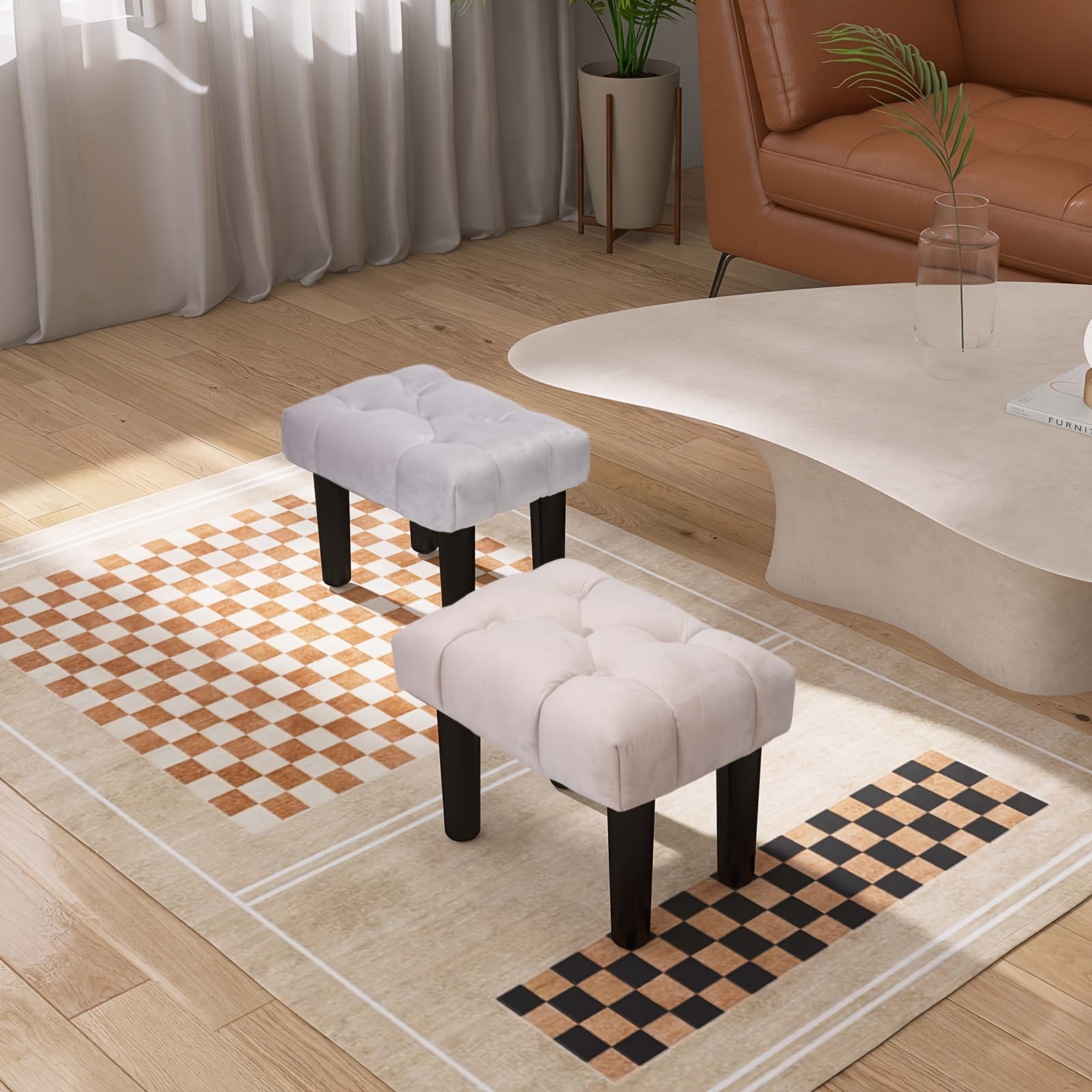 Velvet Small Footstool Ottoman with Wood Legs
