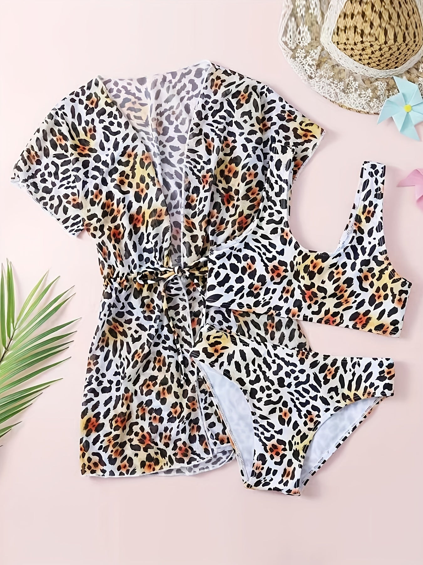 Girl's Floral Tropical Print Bikini Bathing Suit With Kimono