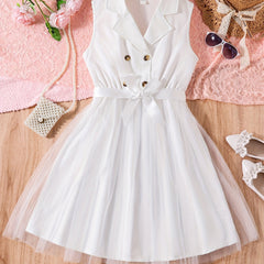 Girls Lapel Collar Sleeveless Shirt Dress Casual Outfit