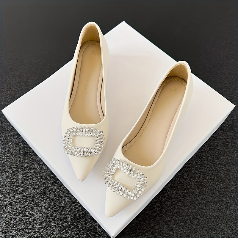 Women's Rhinestone Decor Slip On Low Point Toe Block Heel Glitter Shoes