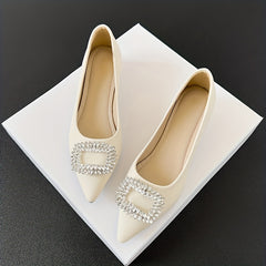 Women's Rhinestone Decor Slip On Low Point Toe Block Heel Glitter Shoes