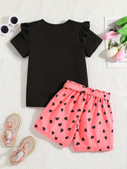 2pcs Toddler Girls Cat Graphic T Shirt & Heart Graphic Shorts Set