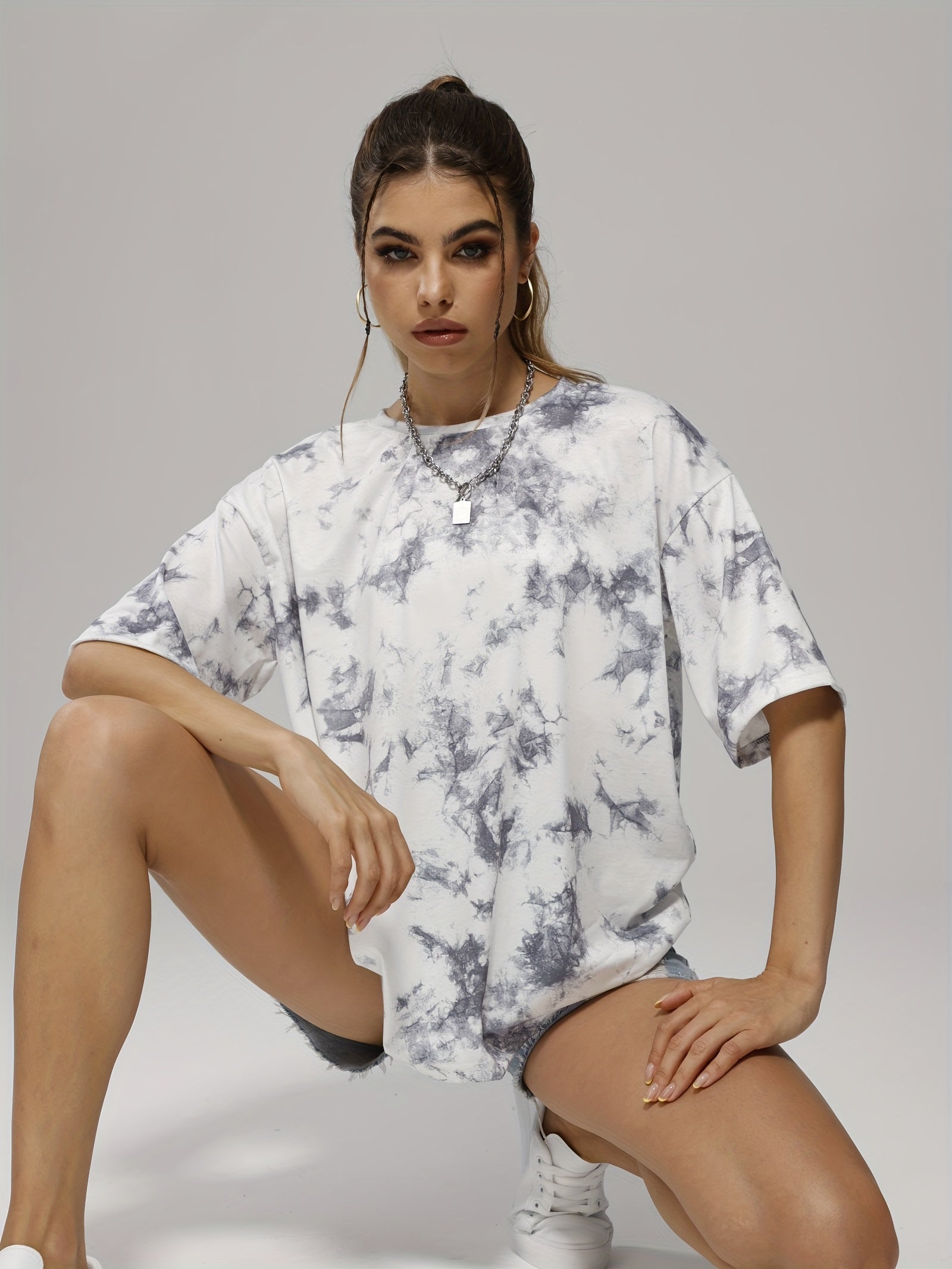 Tie Dye Crew Neck Casual T Shirt Loose Short Sleeve Top Women's A