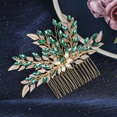 Alloy Leaf Hair Comb Vintage Green Rhinestone Bridal Hair Accessory
