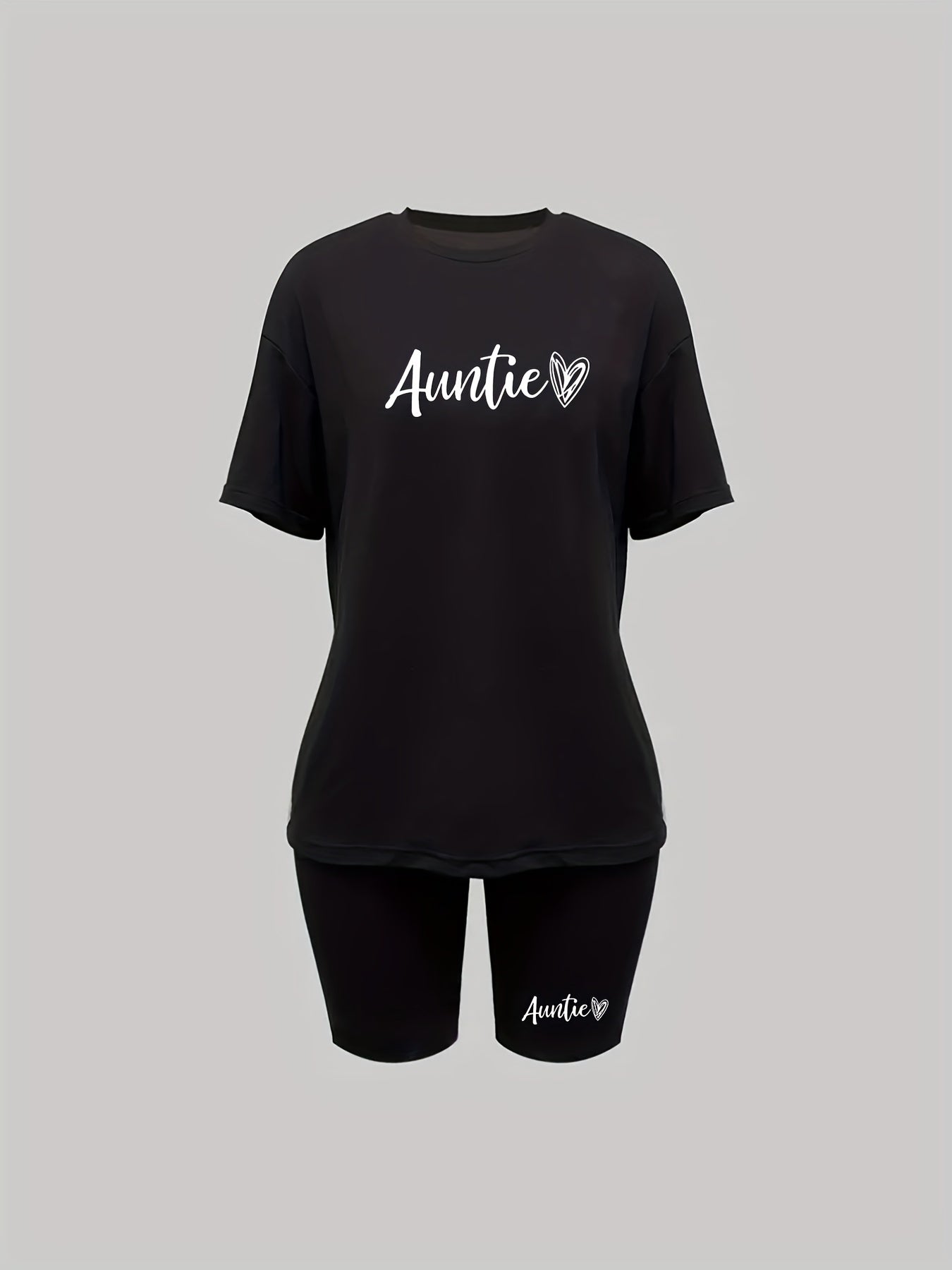 Letter & Heart Print Two piece Set Casual Short Sleeve T shirt & Biker Shorts