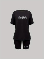 Letter & Heart Print Two piece Set Casual Short Sleeve T shirt & Biker Shorts