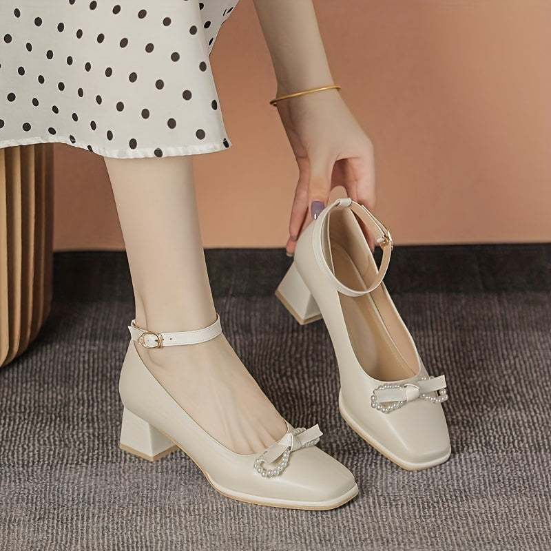 Faux Pearl Bowknot Chunky Heeled Dress Shoes Ankle Strap Mid Heels