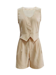 Preppy Solid Two-piece Set Sleeveless Vest & Pleated Shorts