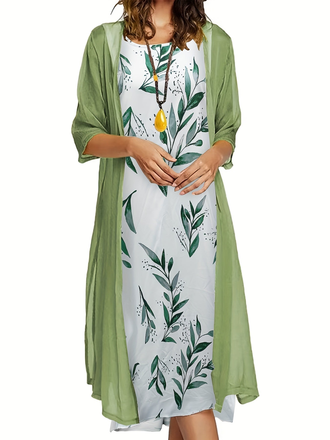 2 Piece Set Women's Solid Cardigan & Leaf Print Tank Dress
