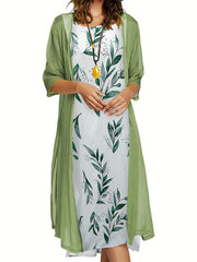 2 Piece Set Women's Solid Cardigan & Leaf Print Tank Dress