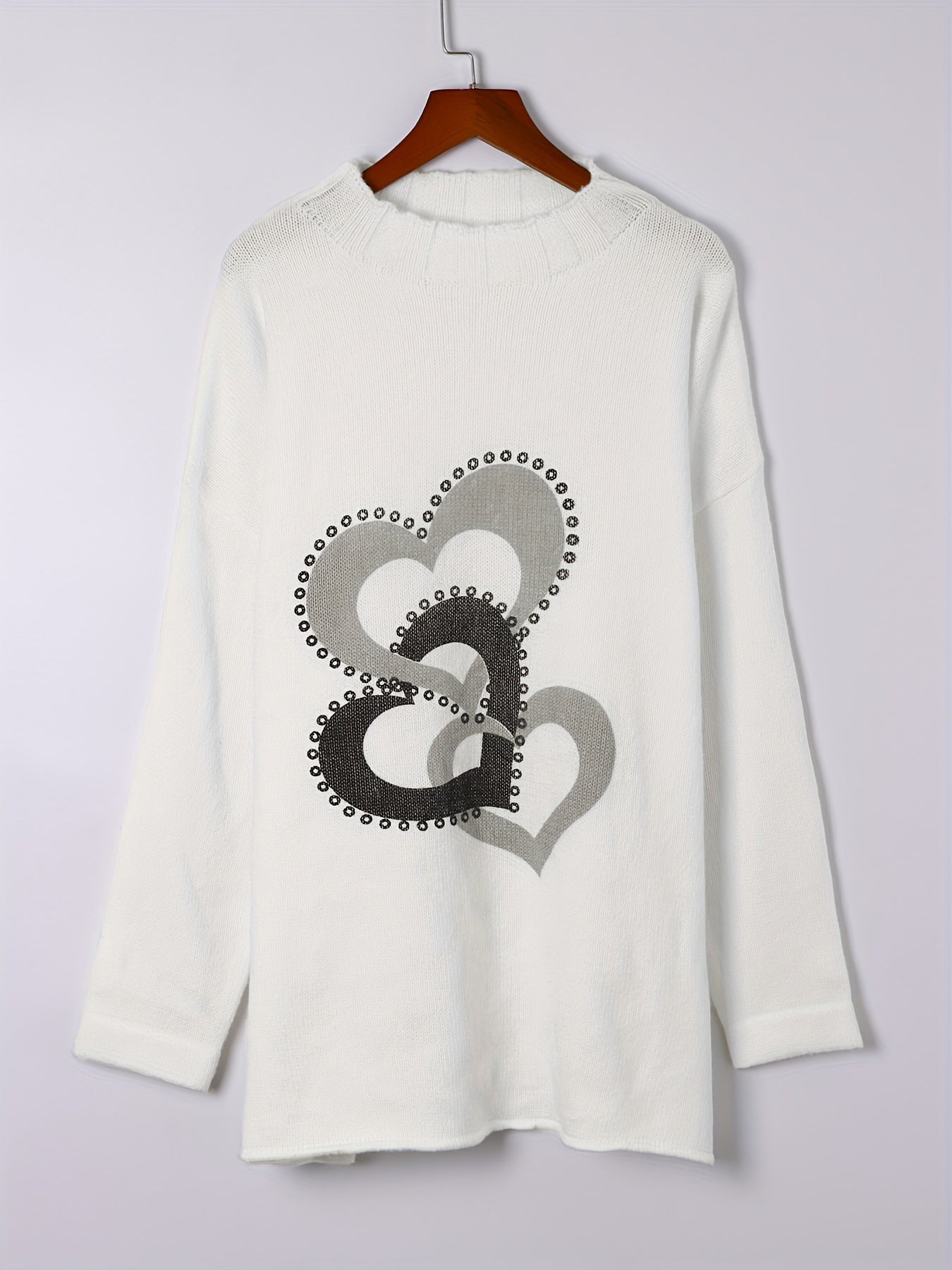 Heart Pattern Sweater Long Sleeve Round Neck Pullover Jumper