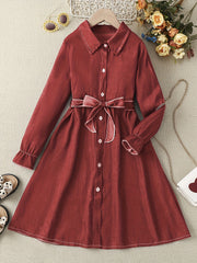 Girls' Faux Denim Long Sleeve Dress With Belt Comfy Long Dresses