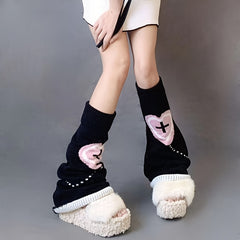 Heart & Skull Pattern Knit Leg Warmers Colorblock Knee High Socks