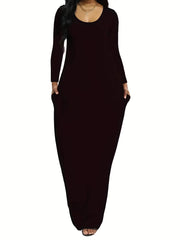 Solid Long Sleeve Maxi Dress With Pockets