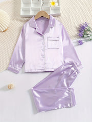 2pcs Girls Pale Pinkish Gray Pajamas Set Long Sleeve Tops & Pants