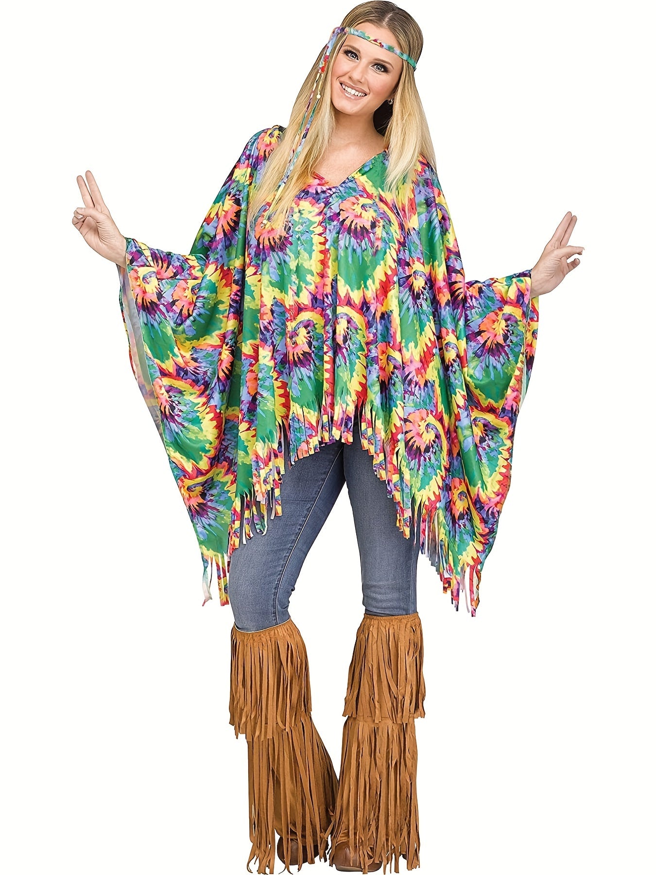 Tie Dye Print Hippie Poncho Halloween Costume Women's