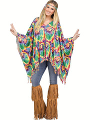 Tie Dye Print Hippie Poncho Halloween Costume Women's