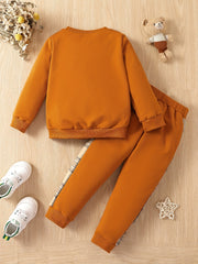 Boys 2pcs Sweatshirt & Elastic Waist Pants Plaid Bear Patched