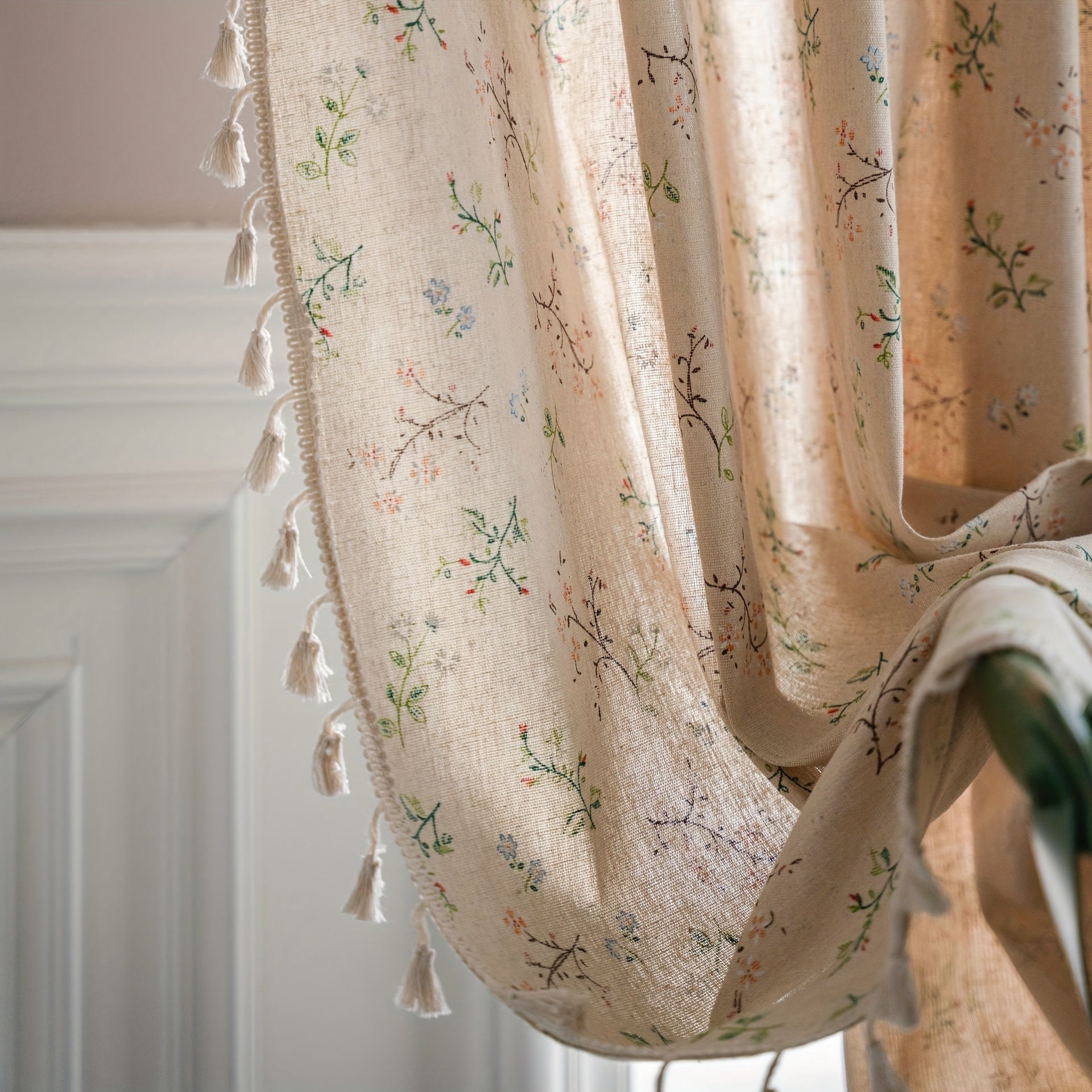 Floral Farmhouse Curtains with Tassel Semi Blackout Living Room Drapes
