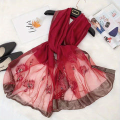 Silk Scarf Embroidered Beads Decorative Shawl Thin Sunscreen Shawl