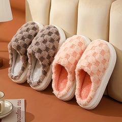 Women's Plaid Pattern Slippers Slip On Round Toe Non slip Home Fluffy Slides Sho