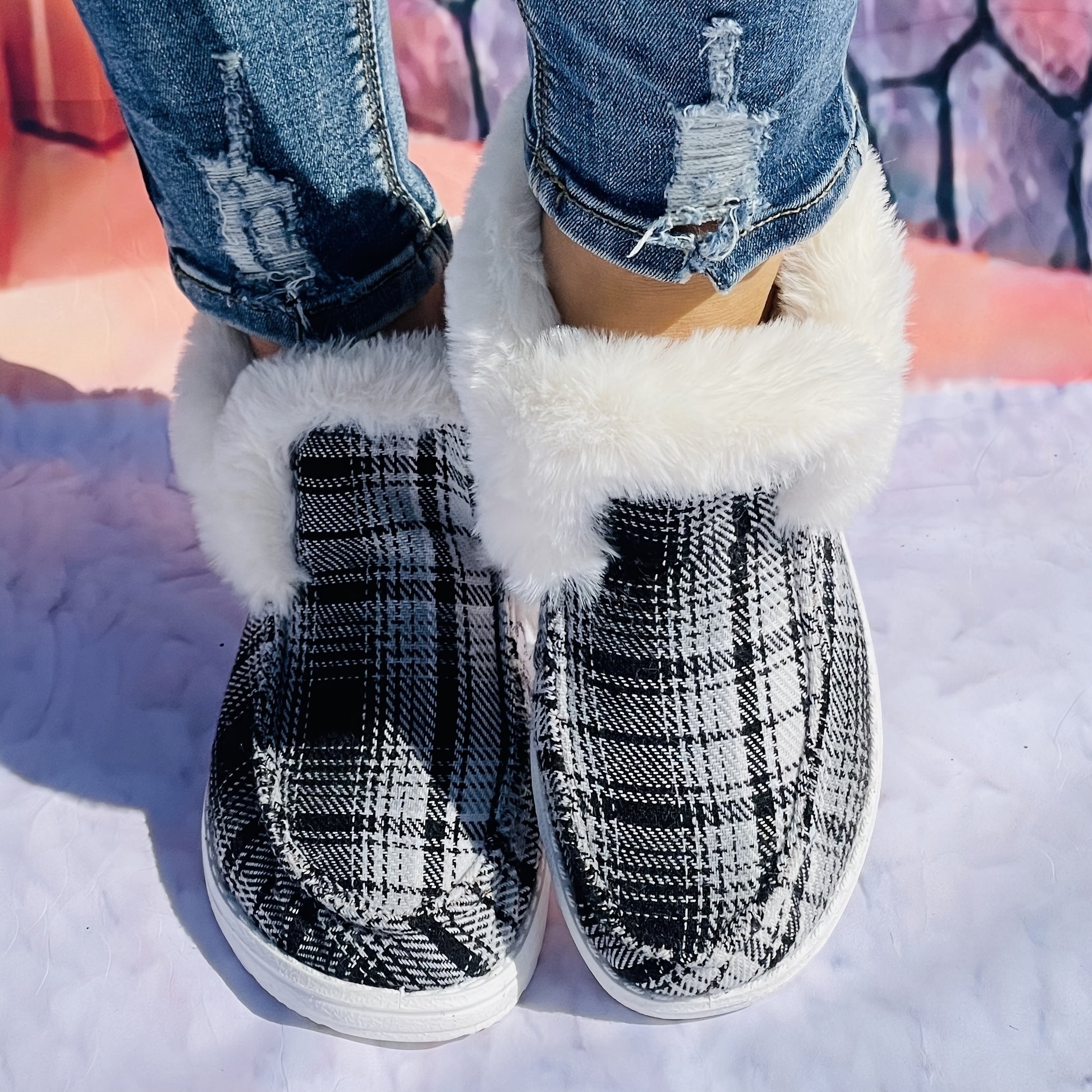 Large Checkered Printed Furry Snow Boots