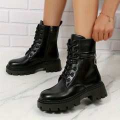 Women's Platform Combat Boots Round Toe Side Zipper Lace Up Ankle Boots