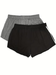 2 Pack Plus Size Sports Shorts Set Women's Plus Contrast Binding Tie Waist