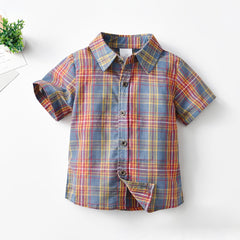 Boys Plaid Button Lapel Short Sleeve Shirts - Kids Summer Clothes