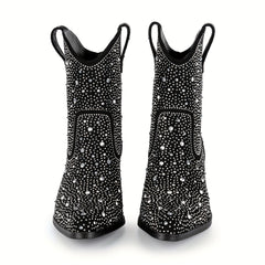 Women's Rhinestone Cowboy Boots Pointed Toe Chunky Heel Dress Boots