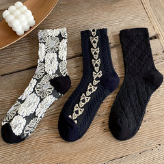 3 Pairs Floral Print Socks Comfy & Breathable Mid Tube Socks