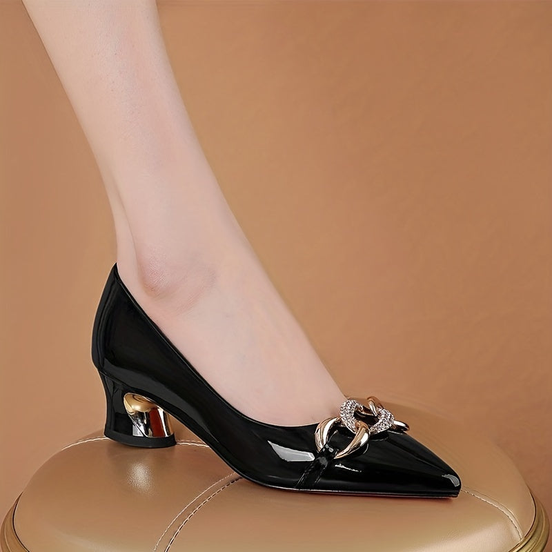 Women's Rhinestone Chunky Heel Point Toe Pumps