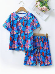 Boys Feather Print T shirt & Shorts 2pcs Loungewear Pajamas