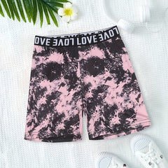 Tie Dye Print Letters Waistband Bike Shorts For Casual Sports