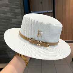 Wide Brim Straw Hat Metal Letter Belt Beach Sun Hat